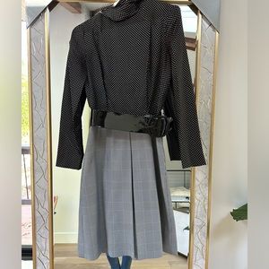 Vintage 60’s Mad Men chic knee length dress with polka dot top and plaid skirt.